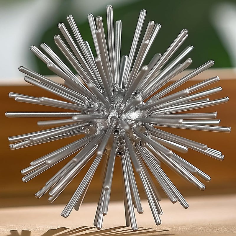 Mocome Silver Sphere Decor, Metal Starburst Tabletop Sculpture Decor, Mid-Century Modern Metal Starburst Centerpiece, Spike Ball Decoration for Home, Coffee Table Decor - Image 2